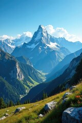 Fototapeta premium Majestic mountain range stretches far into the horizon, blue sky above, horizon, scenery