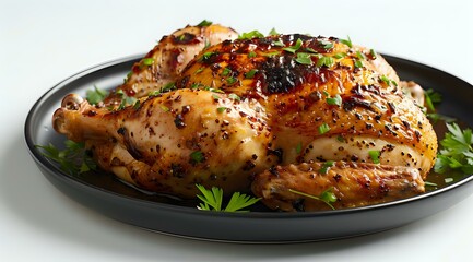 Juicy roasted whole chicken with crispy golden skin, seasoned with herbs and spices served on black plate, perfect for food photography and restaurant menus.