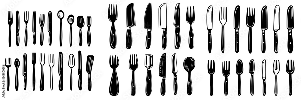 Poster collection of various kitchen utensils arranged neatly in two rows showcasing different designs and 