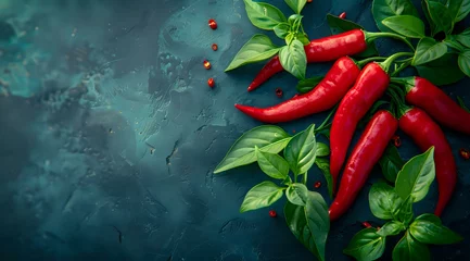 Glasschilderij  Fresh red chili peppers with green basil leaves on dark teal background, perfect for food menu, restaurant advertising and spicy cuisine concepts. Creative food photography layout.  © Undersea