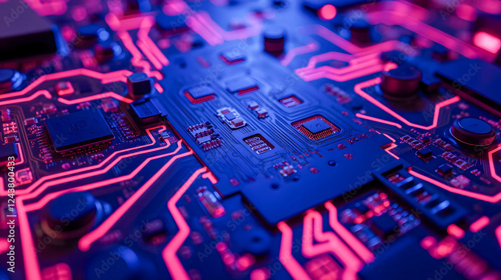 Poster detailed close-up of a futuristic circuit board with neon pink lines and electronic components for t