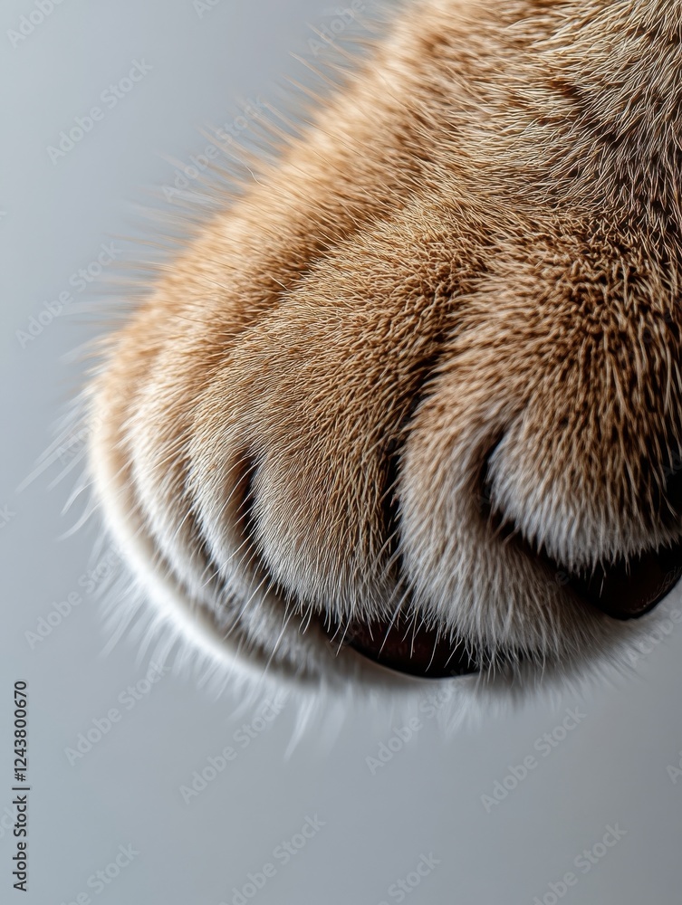 Poster close-up view of a cat's paw with soft fur and delicate claws on a smooth background, ideal for anim