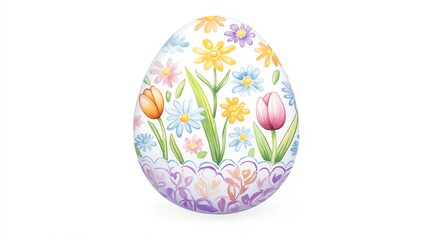 Fototapeta premium A vibrant watercolor Easter egg decorated with intricate floral patterns in soft pastel hues, featuring delicate daisy and tulip motifs, isolated on a crisp white background