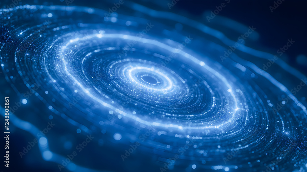 Poster glittering blue etherial swirl pattern with sparks reflecting in cosmic space and light trails in a 