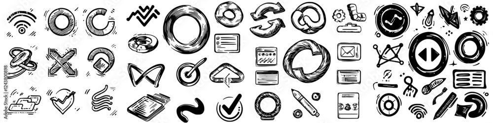 Aufkleber collection of hand-drawn digital icons showcasing various functions and concepts in a monochrome des