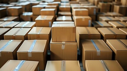 Fototapeta premium Rows of sealed cardboard boxes with blue tape in warehouse storage facility, perfect for delivery, shipping, logistics, and e-commerce business concepts.
