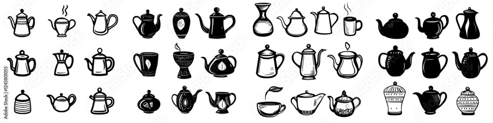Poster variety of teapots in unique shapes and styles arranged in a creative display