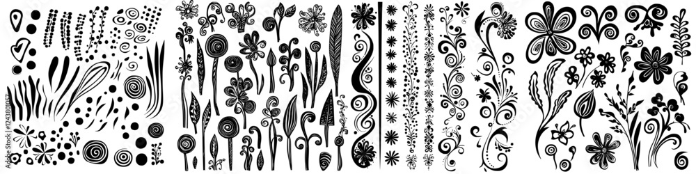 Poster design elements featuring various black floral and abstract patterns for creative projects