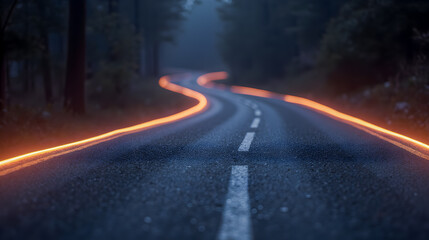 Obraz premium Serpentine Road with Glowing Orange Light in Foggy Forest at Dusk, Evoking Mystery and Tranquility in Nature's Beauty