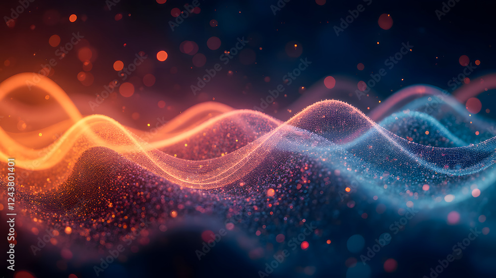 Poster abstract wave patterns with glowing particles in vibrant colors for background designs and digital a