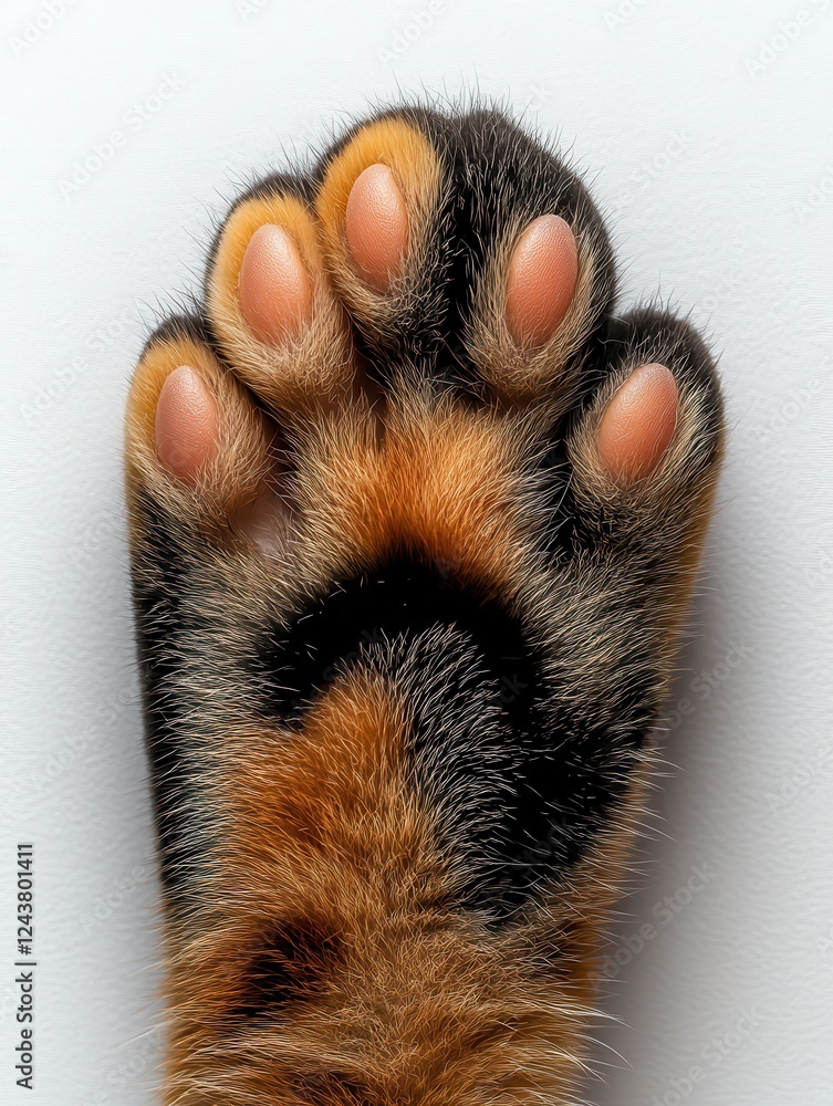Poster close-up view of a colorful domestic cat paw with distinctive fur patterns and claws against a clean