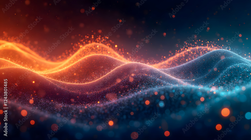 Poster vibrant abstract wave motion with glowing particles in red and blue color palette for dynamic backgr
