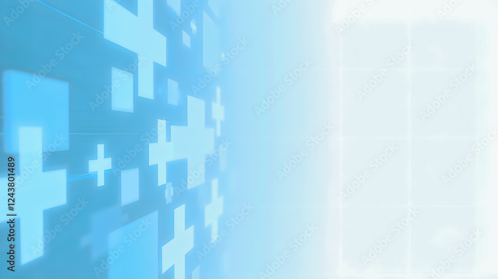 Poster abstract blue background with light squares and geometric shapes creating a modern digital design fo