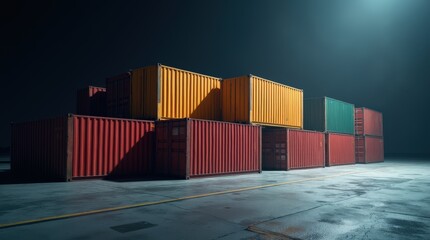 Fototapeta premium Stacked Containers Create a Striking Visual at a Shipping Yard During Nighttime Hours