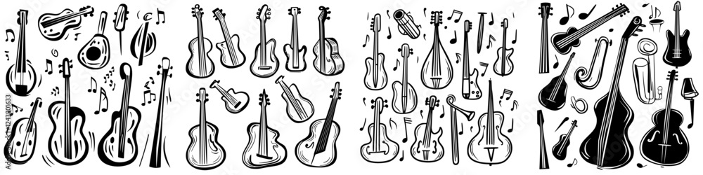 Aufkleber collection of musical instruments featuring strings and brass displayed in a creative arrangement