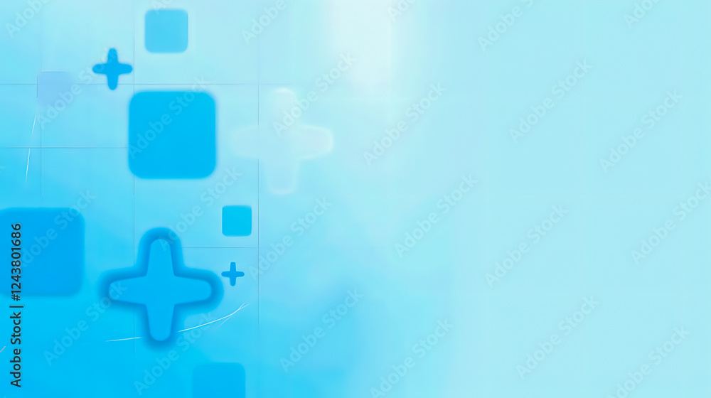 Poster abstract blue background with geometric shapes including squares and crosses creating a modern digit