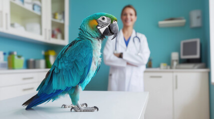 Parrot in a veterinary clinic for a checkup with a smiling vet