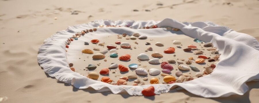 Vue g?n?rale d'une plage avec des serviettes de plage et des colliers de coquillages, plages, collier de coquillages