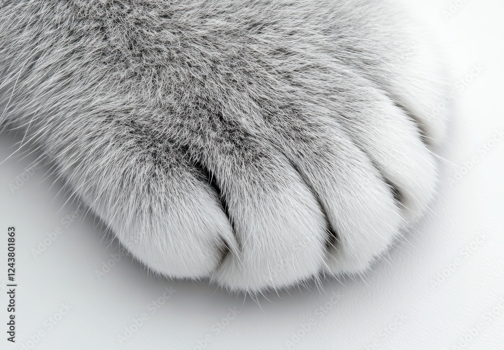 Poster close-up view of a grey cat paw with soft fur and distinct claws on a light background for pet lover