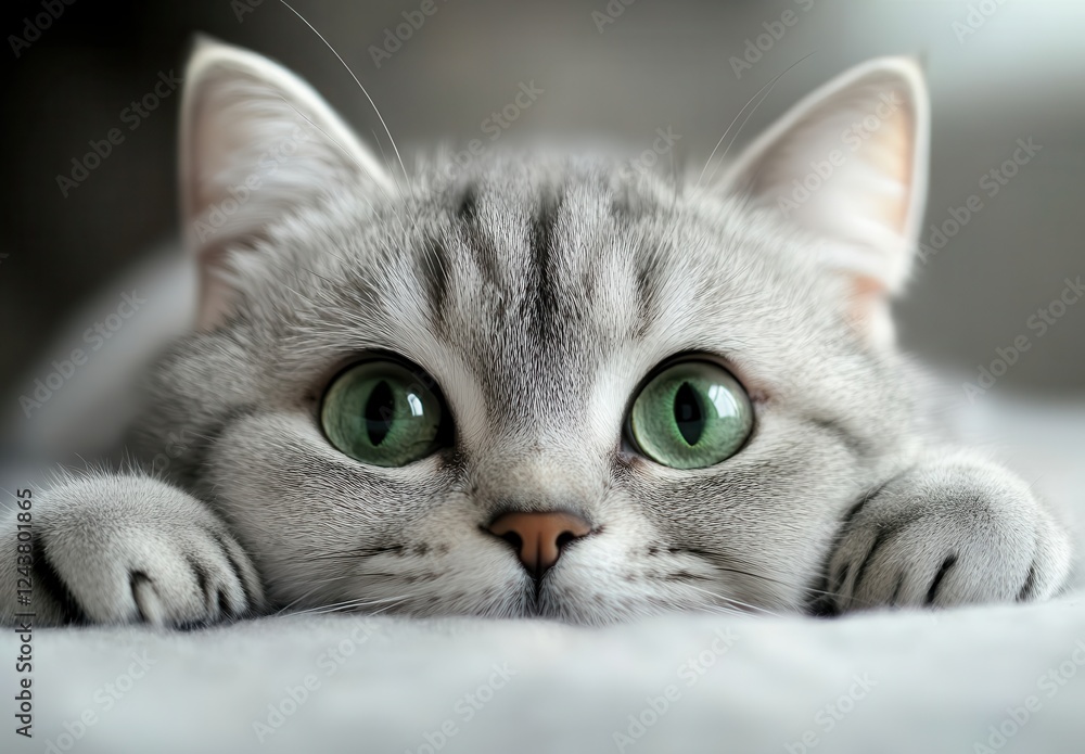 Poster close-up view of a silver cat with striking green eyes resting on a soft surface, showcasing adorabl