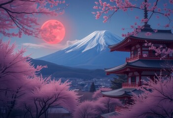 Japanese Pagoda and Cherry Blossoms with Snow-Capped Mountain and Red Moon Creating a Serene and Surreal Scene