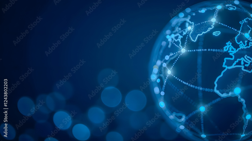 Poster digital global network background with connected points and lines on a blue sphere representing inte