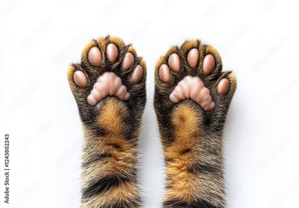 Poster close-up view of adorable tiger paw prints with distinctive stripes and soft pads on white backgroun