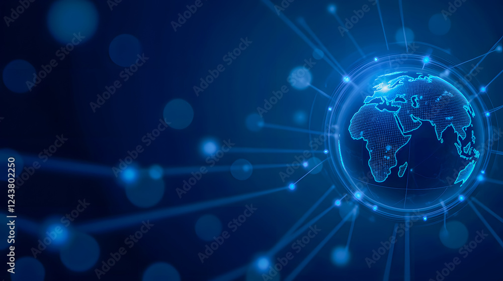 Poster digital global map with network connections illustrating technology and communication in a blue back