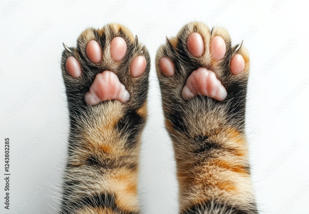 Poster close-up view of adorable cat paws with distinctive fur patterns and soft pads showcasing unique fea