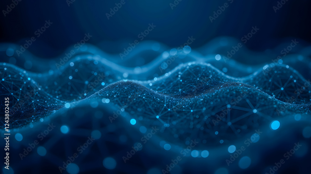Poster abstract blue wave pattern with connecting dots and lines representing data flow and network connect