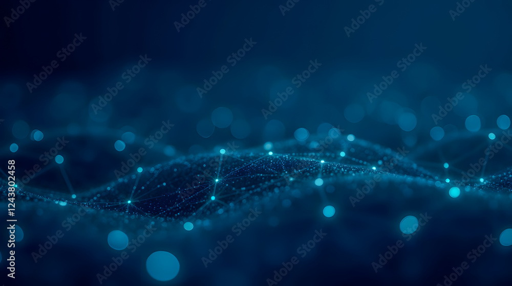 Poster abstract representation of glowing particles and lines in a deep blue background showcasing digital 