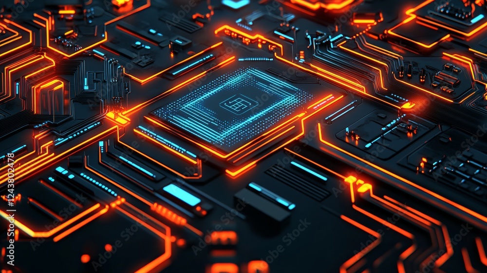 Poster glowing circuitry a futuristic design of orange and cyan lines on a black background
