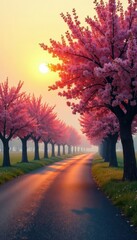 Naklejka premium Serene almond trees bloom in rows along a winding road, almond tree, hazy sunset