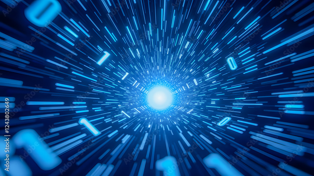 Poster digital data stream in space with bright light, binary code floating, abstract technology background