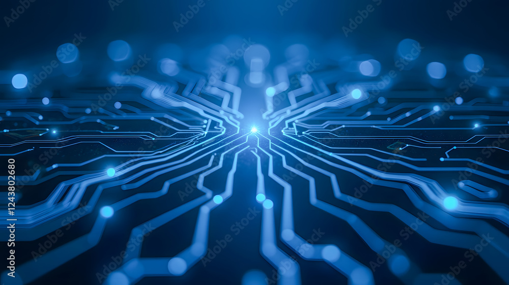 Poster abstract blue circuit board with glowing lines and lights representing digital technology and connec