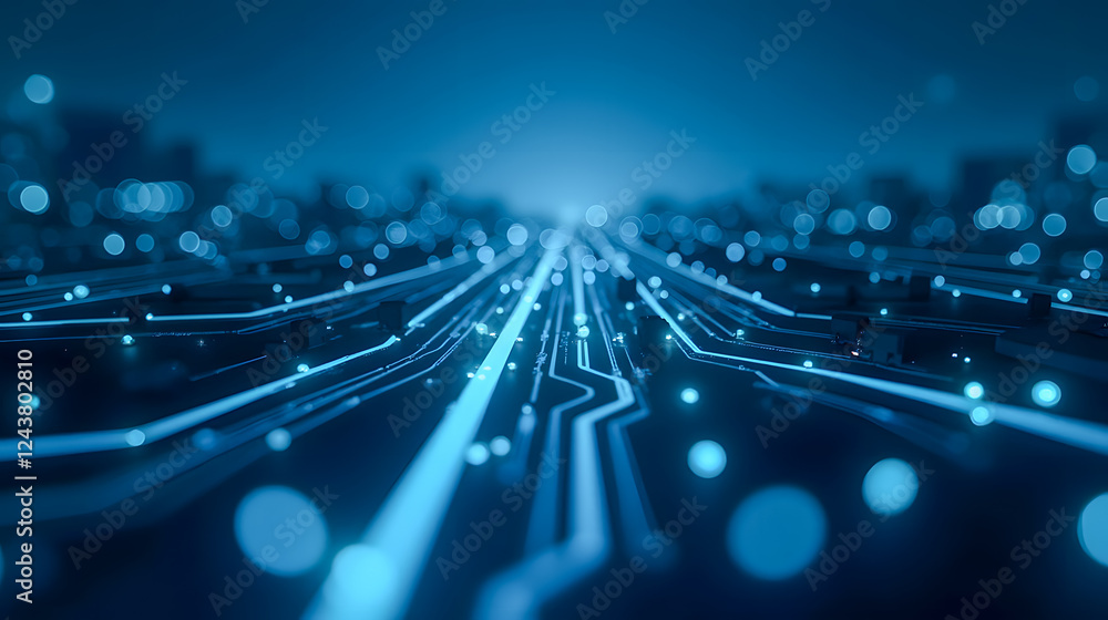 Poster futuristic abstract digital technology background with glowing lines and dots in blue tones for high