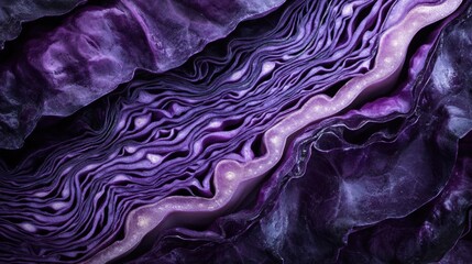 Obraz premium Purple cabbage sliced in half, revealing intricate layered patterns, placed on a dark rustic wooden background, moody lighting, macro shot