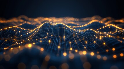 Turquoise Graph Line, Golden Connected Nodes, Electronic Network Pattern, Abstract Perspective View.