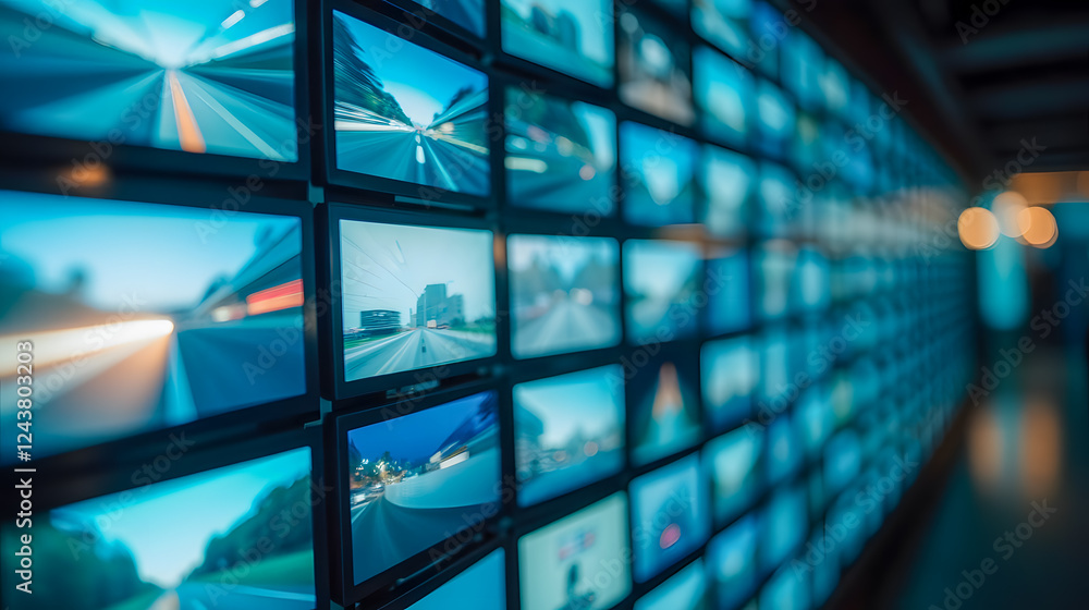 Aufkleber modern digital display wall with multiple screens showing transport flow in urban environment, techn