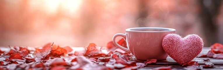 A romantic breakfast setup featuring heart-shaped cookies, pink flowers, and a cup of coffee. Ideal for Valentine's Day, romance, and love-themed content.