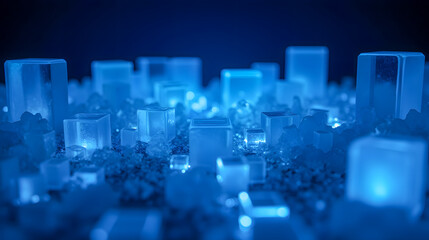 Obraz premium Brilliant Blue Crystals and Cubes Illuminated by Soft Light in an Artistic Composition on a Dark Background