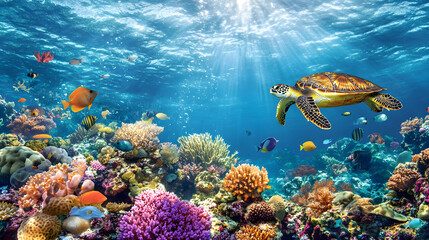 Fototapeta premium Underwater Tropical Corals Reef with colorful sea fish. Marine life sea world. Tropical colourful underwater seascape.