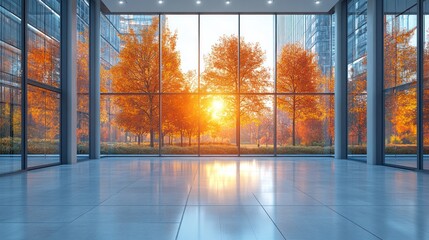 Empty modern office space with autumn trees, city view