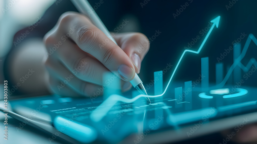 Poster person using digital tablet to analyze data trends and graphs with futuristic visualizations and gro
