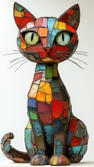 Colorful Mosaic Cat Sculpture with Abstract Patterns and Glossy Finish, Perfect for Home Decor and Art Collectors, Unique Artistic Design