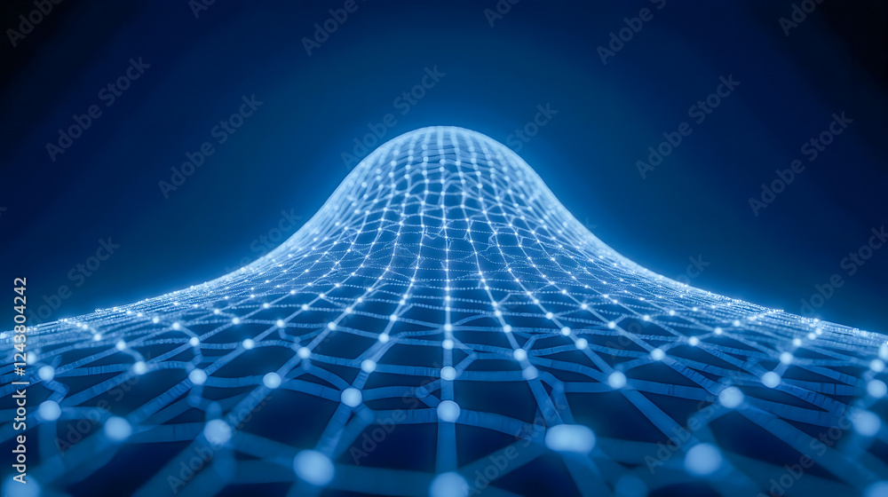 Poster three-dimensional wireframe grid with illuminated nodes on dark background representing digital conn