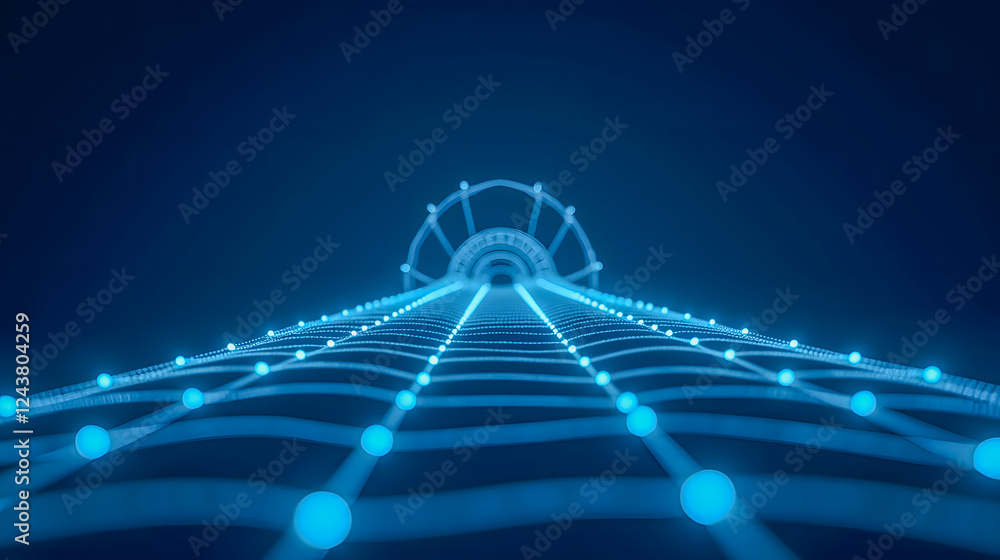 Poster abstract visualization of a futuristic network with blue nodes and lines on a dark background creati