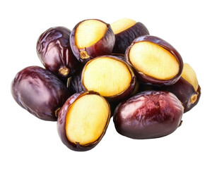 Fototapeta premium A pile of split chestnuts showcasing their rich purple skin and yellow flesh.