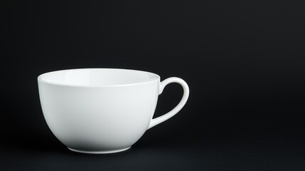 Empty white teacup on black background; copy space