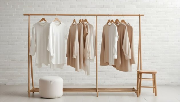 Un perchero de madera con varias prendas de vestir de colores beige y neutros colgadas, incluidas camisas, vestidos y pantalones. El estante est&aacute; colocado contra una pared de ladrillo blanco